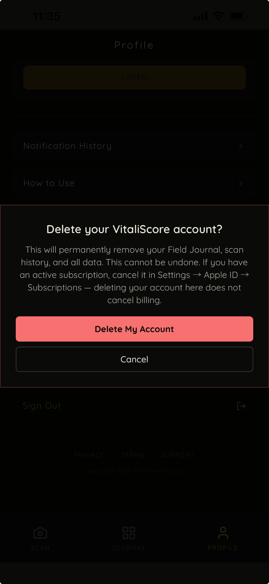 Confirmation dialog asking to delete your VitaliScore account