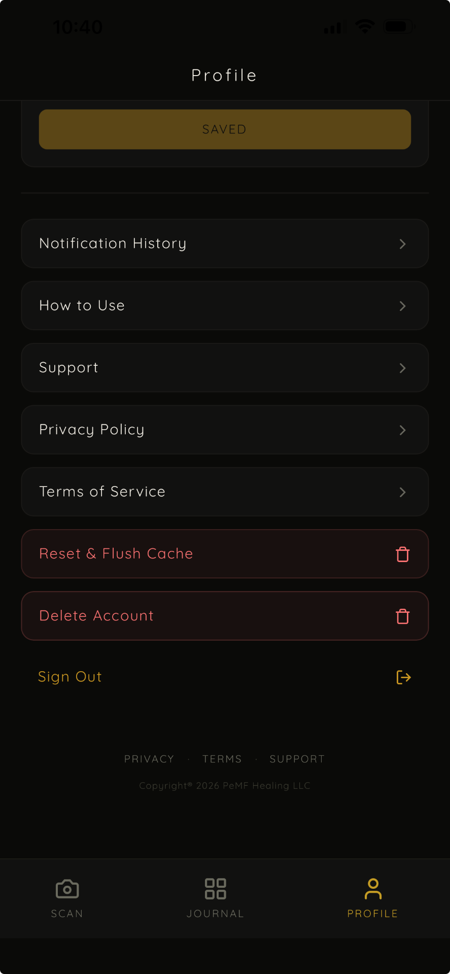 VitaliScore Profile screen showing the Delete Account button