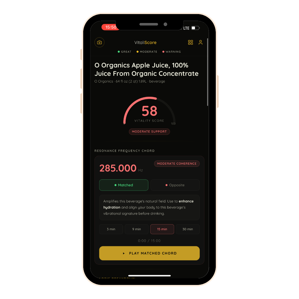 Apple juice beverage scan result with sugar and pesticide breakdown