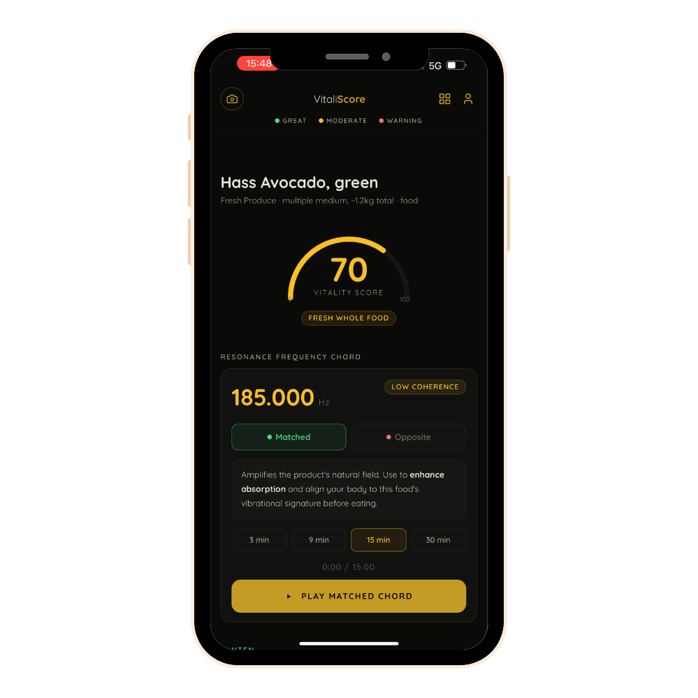 VitaliScore food scan result with vitality score and ingredient breakdown